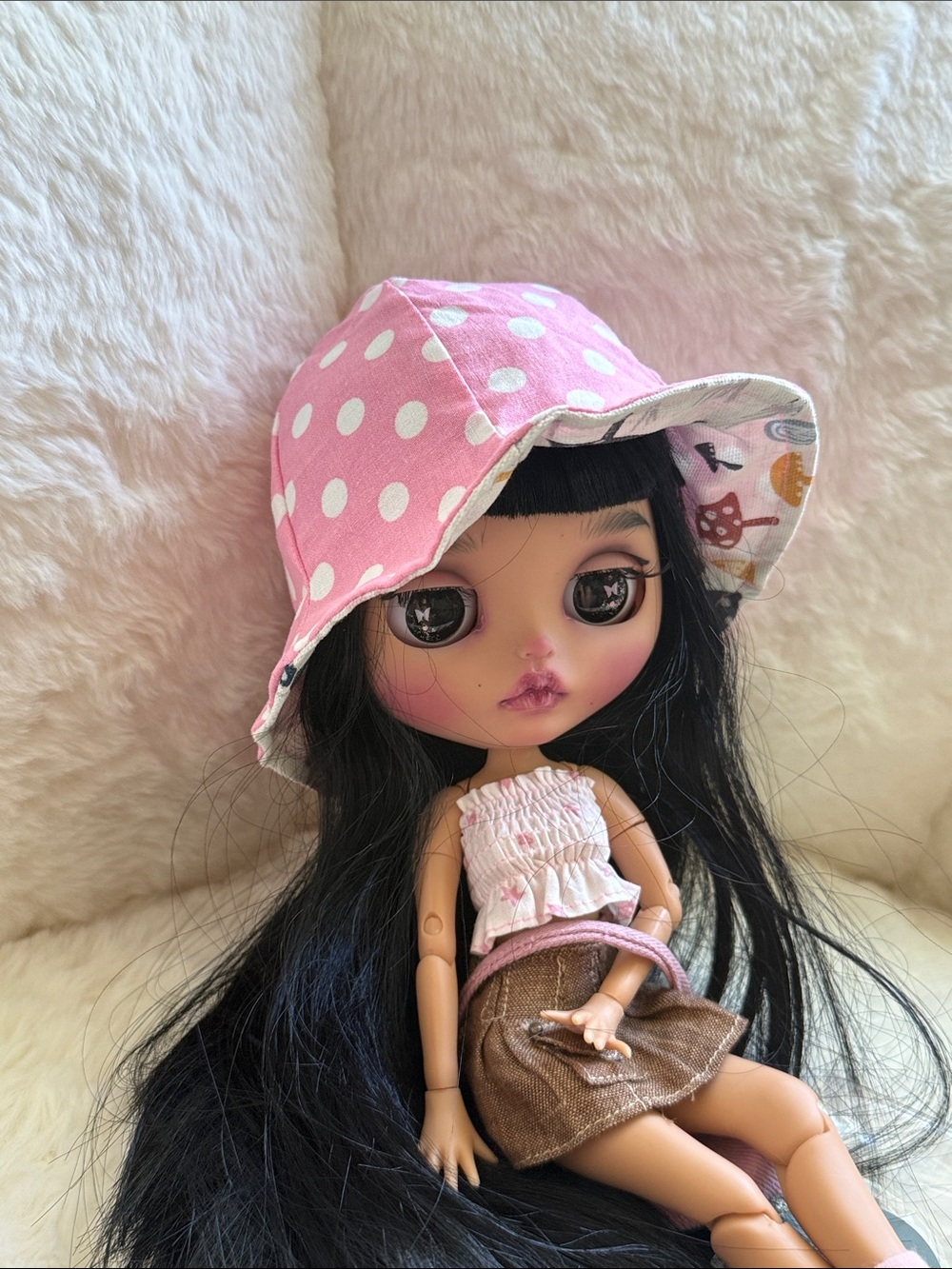 Blythe Doll Clothes hat bucket reversible pink polka dots mushrooms garden white